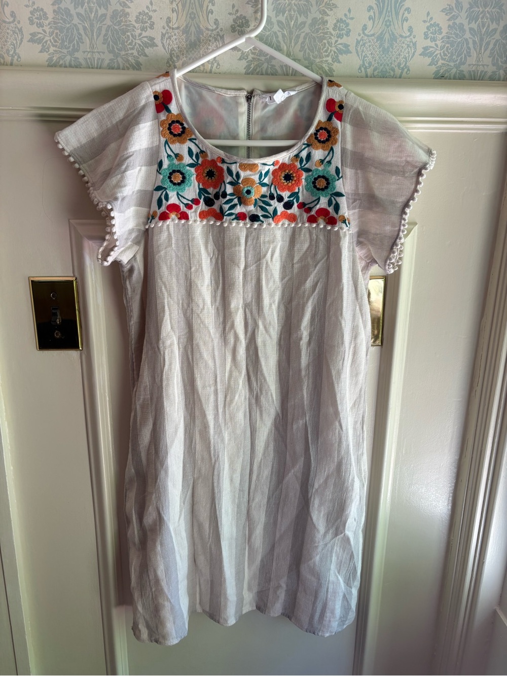 THML Embroidered White Cotton Tunic Dress with Colorful Floral Yoke